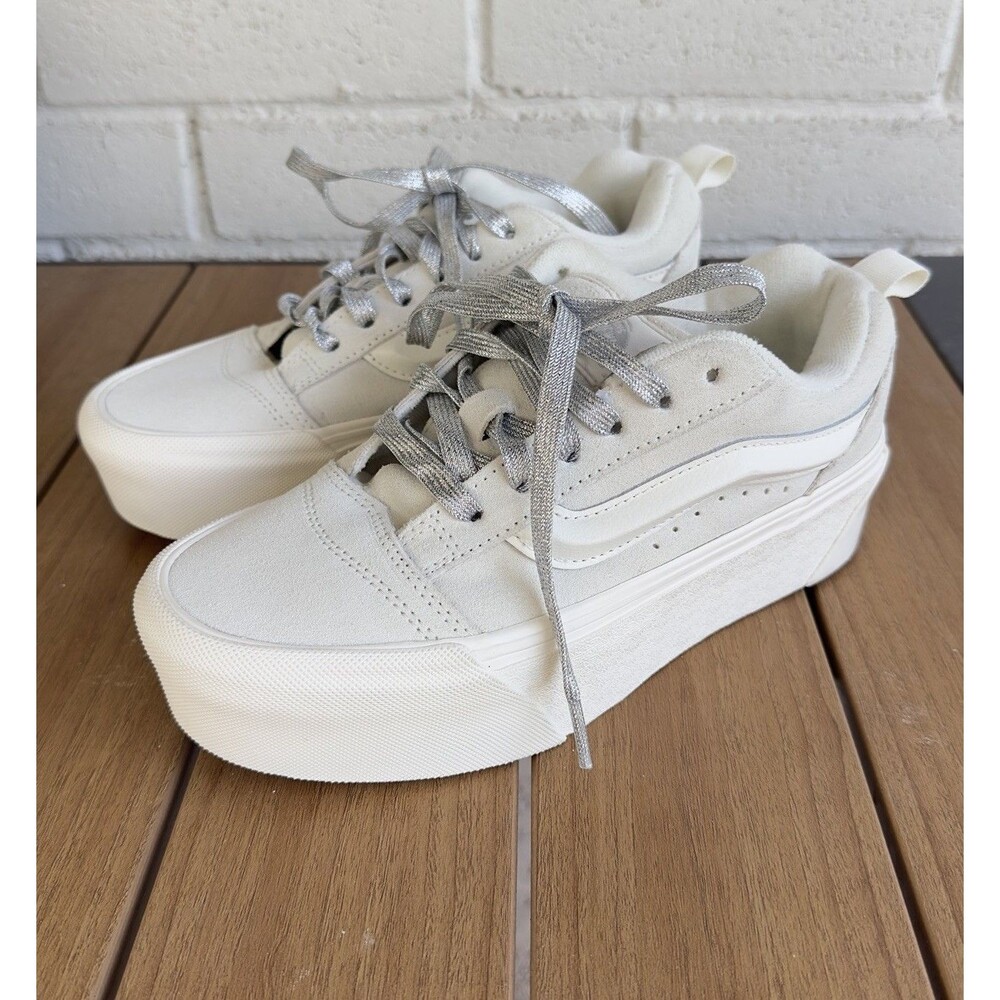 Vans Knu Stack Women 7 Men 5.5 Cream Suede Metallic Silver Platform Sneakers